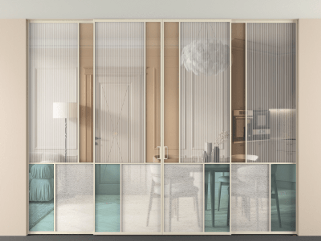 Перегородка Mosaic внутри проёма скрытое крепление в потолок 4 створки АЛПР 041.20 Алюминий бежево-серый Комбинация стекол Группы 1 и Группы 3 Цена 3851700 ₸ | Volhovec