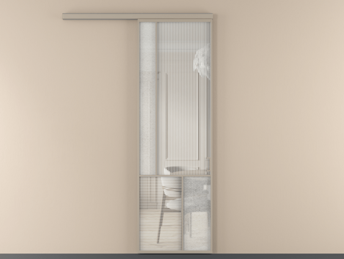 Перегородка Mosaic вдоль стены 1 створка АЛПР 041.20 Алюминий бисквитный Рифлёное стекло "Дюна", триплекс, 6 мм + Фактурное стекло "Лёд", триплекс Цена 904990 ₸ | Volhovec