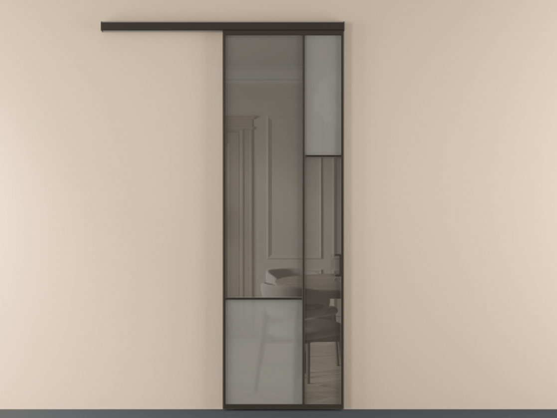 Перегородка Mosaic вдоль стены 1 створка АЛПР 041.12 Алюминий антрацит Сатинированное серое стекло, триплекс, 6 мм + Прозрачное серое стекло, триплекс Цена 855070 ₸ | Volhovec