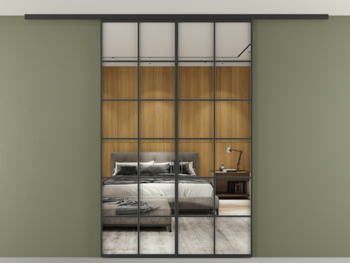 Перегородка Формато вдоль стены на потолок 2 створки АЛПР 040.05 Алюминий Черный Двустороннее зеркало, триплекс , триплекс 6 мм Цена 1449895 ₸ | Volhovec