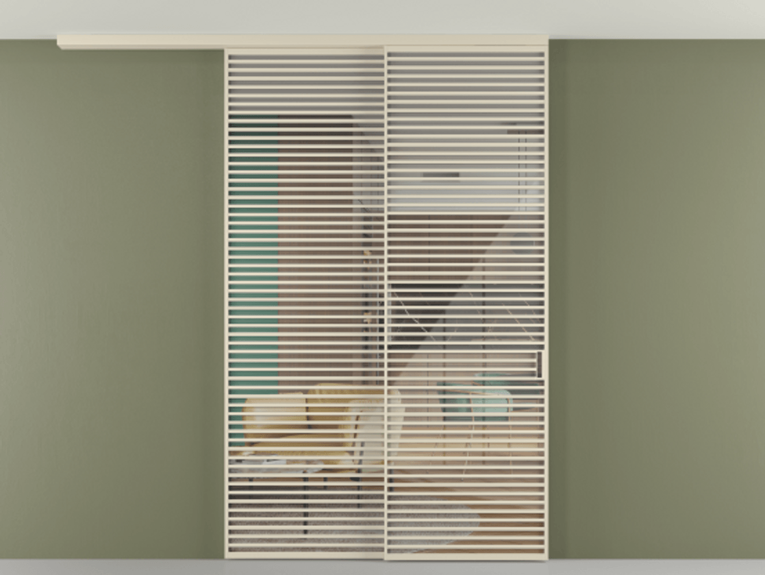 Перегородка Формато вдоль стены на потолок 2 створки с синхронным механизмом АЛПР 040.07 Алюминий бежево-серый Рефлективное прозрачное стекло "Стопсол", калёное Цена 4102207 ₸ | Volhovec