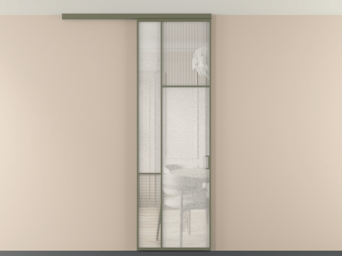 Перегородка Мозаик вдоль стены на потолок 1 створка АЛПР 041.11 Алюминий оливковый тёмный Рифлёное стекло "Дюна", триплекс, 6 мм + Фактурное стекло "Лёд", триплекс Цена 1081382 ₸ | Volhovec