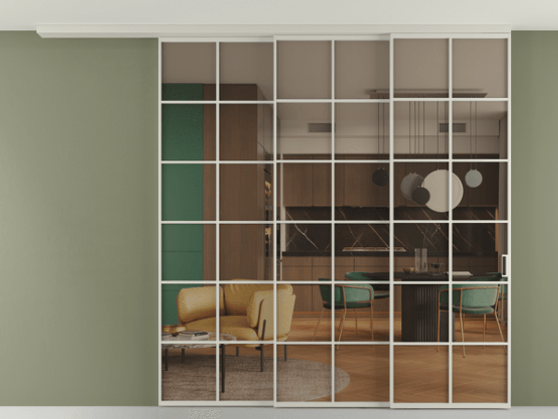 Перегородка Formato вдоль стены на потолок 3 створки с синхронным механизмом АЛПР 040.05 Алюминий тёплый серый Прозрачное бронзовое стекло, триплекс Цена 2601810 ₸ | Volhovec