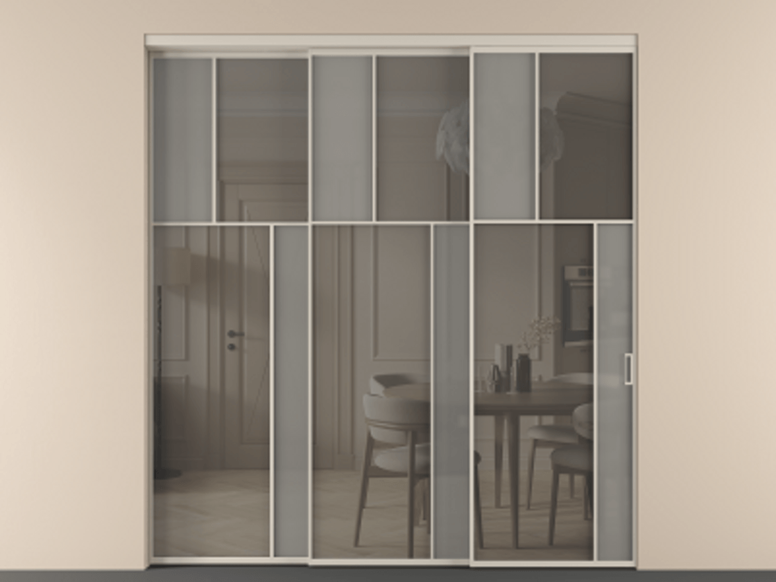 Перегородка Мозаик внутри проёма 3 створки с синхронным механизмом АЛПР 041.23 Алюминий светло-бежевый Сатинированное серое стекло, триплекс, 6 мм + Прозрачное серое стекло, триплекс Цена 3306668 ₸ | Volhovec