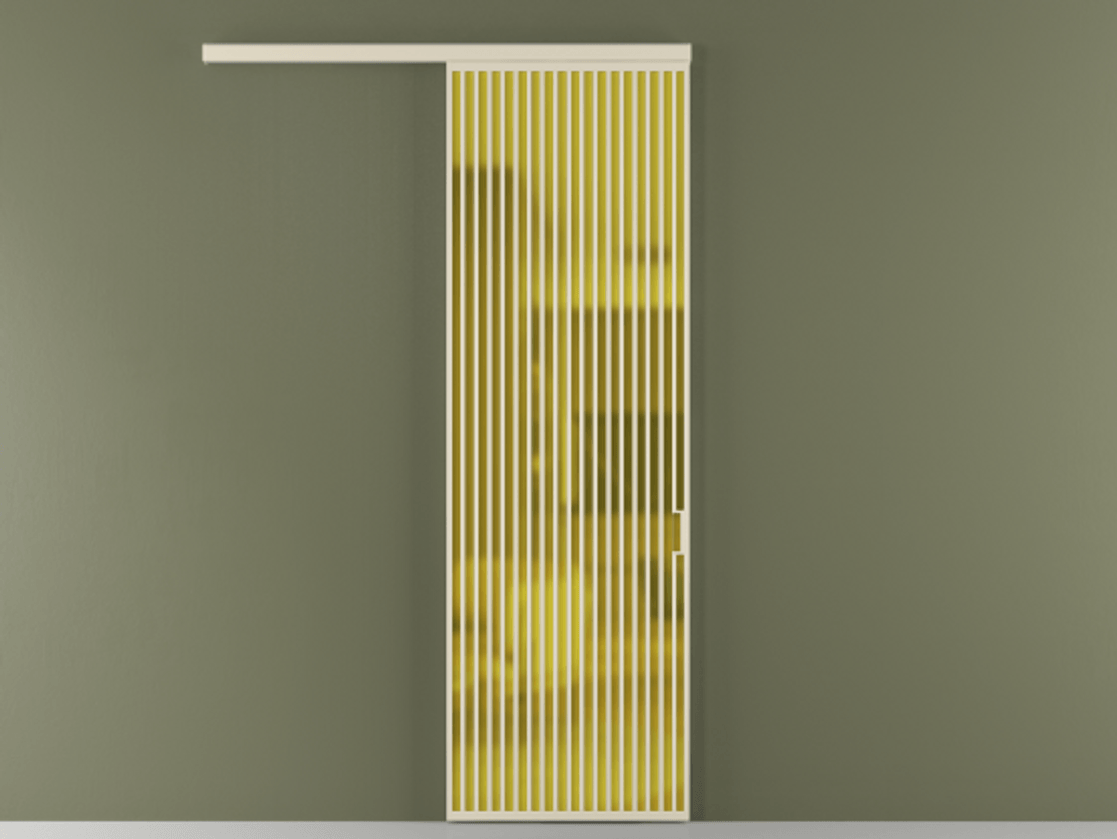 Перегородка Formato вдоль стены 1 створка АЛПР 040.06 Алюминий бежево-серый Сатинированное жёлтое стекло, триплекс Цена 1367200 ₸  | Volhovec