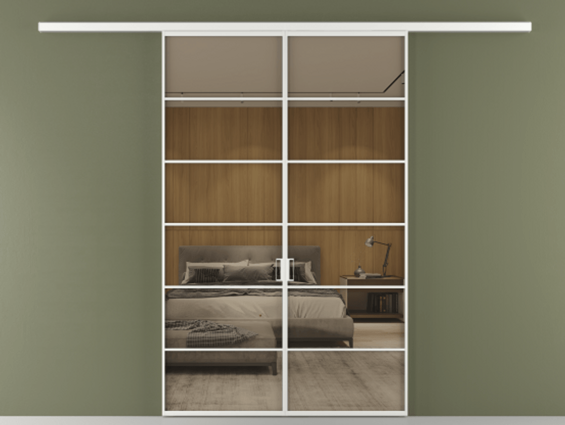 Перегородка Формато вдоль стены 2 створки АЛПР 040.04 Алюминий белоснежный Рефлективное бронзовое стекло "Стопсол", калёное Цена 2000376 ₸ | Volhovec