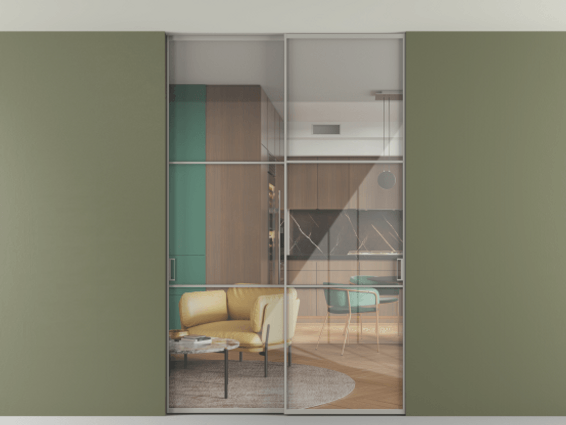 Перегородка Формато внутри проёма скрытое крепление в потолок 2 створки АЛПР 040.03 Алюминий нейтральный серый Рефлективное прозрачное стекло "Стопсол", калёное Цена 2309731 ₸ | Volhovec