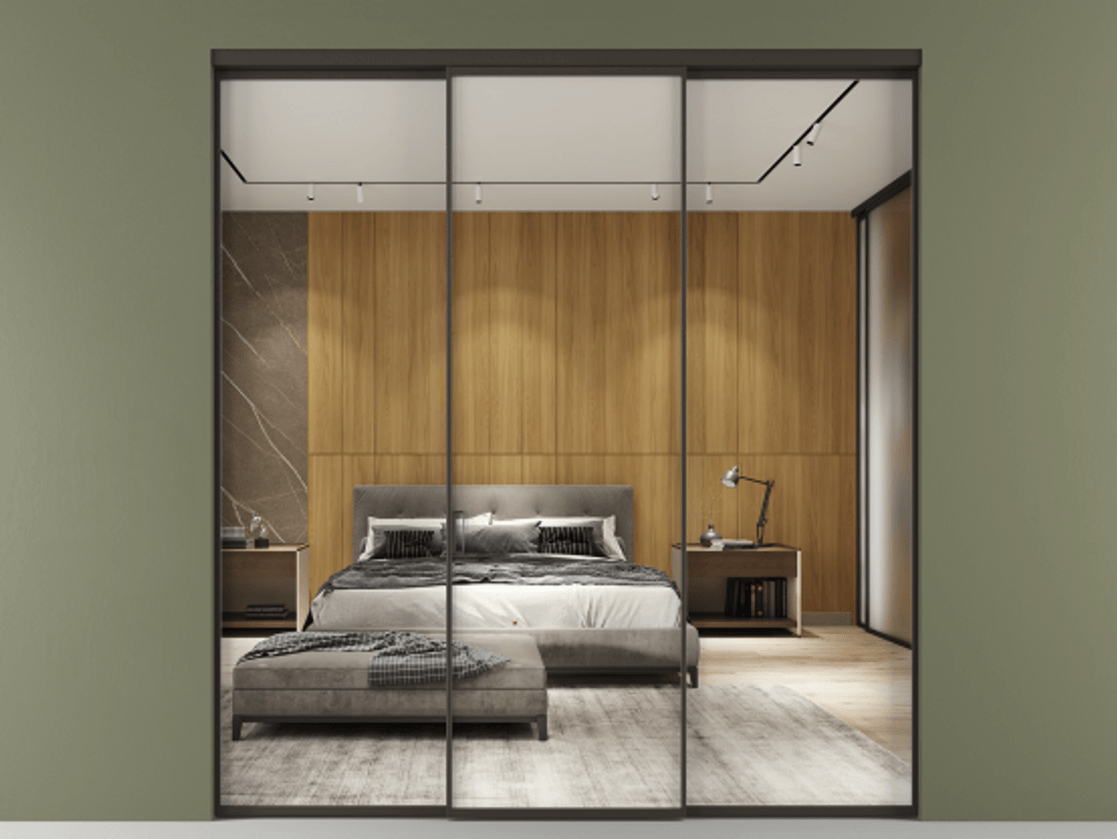 Перегородка Formato внутри проёма 3 створки АЛПР 040.01 Алюминий антрацит Двустороннее зеркало, триплекс , триплекс 6 мм Цена 1470020 ₸ | Volhovec