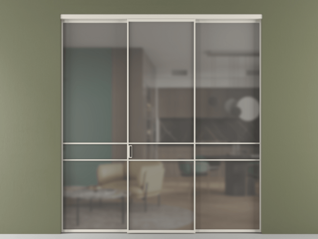 Перегородка Formato внутри проёма 3 створки АЛПР 040.02 Алюминий облачно-серый Сатинированное серое стекло, триплекс Цена 1550890 ₸ | Volhovec