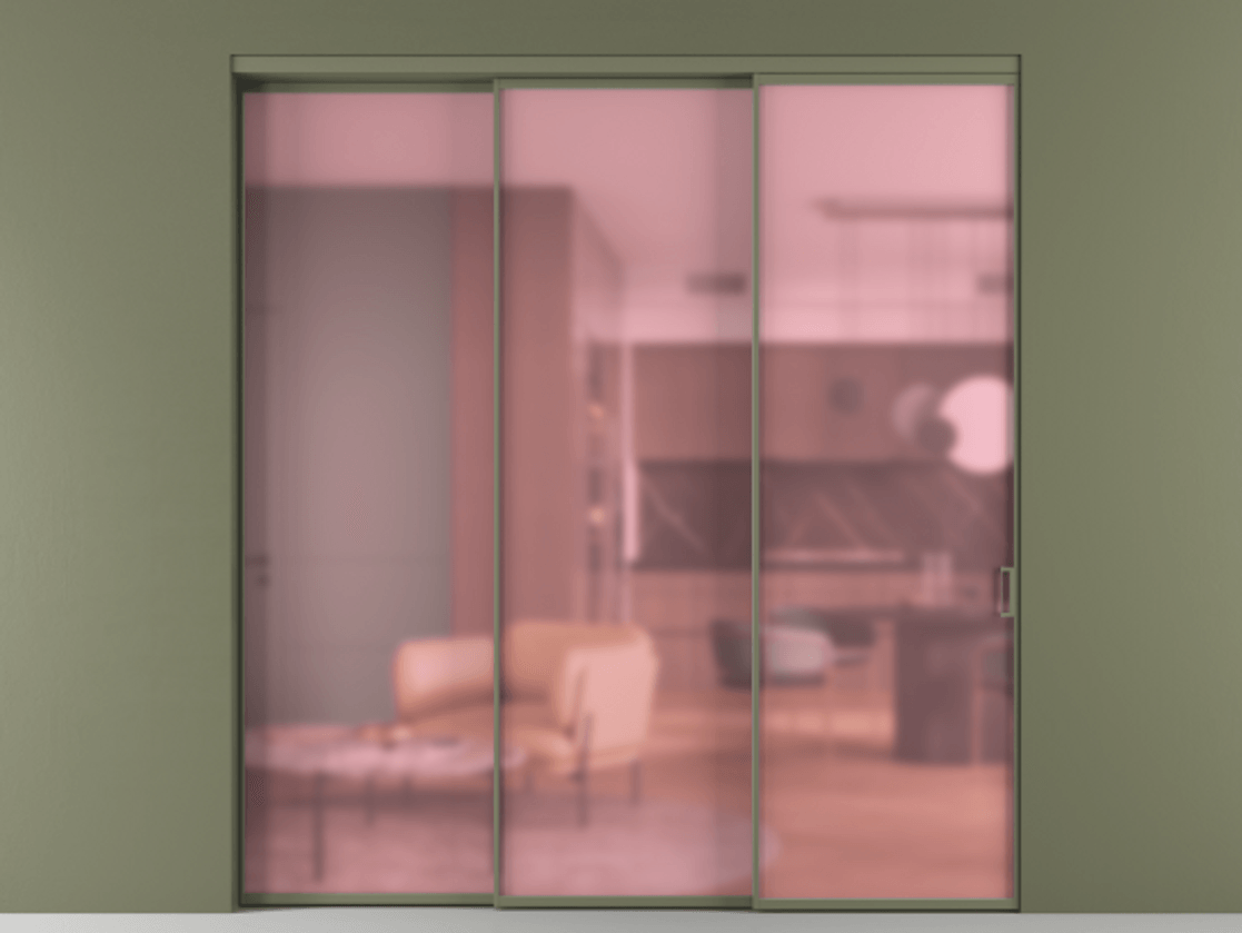 Перегородка Formato внутри проёма 3 створки с синхронным механизмом АЛПР 040.01 Алюминий оливковый тёмный Сатинированное розовое стекло, триплекс Цена 2069100 ₸  | Volhovec