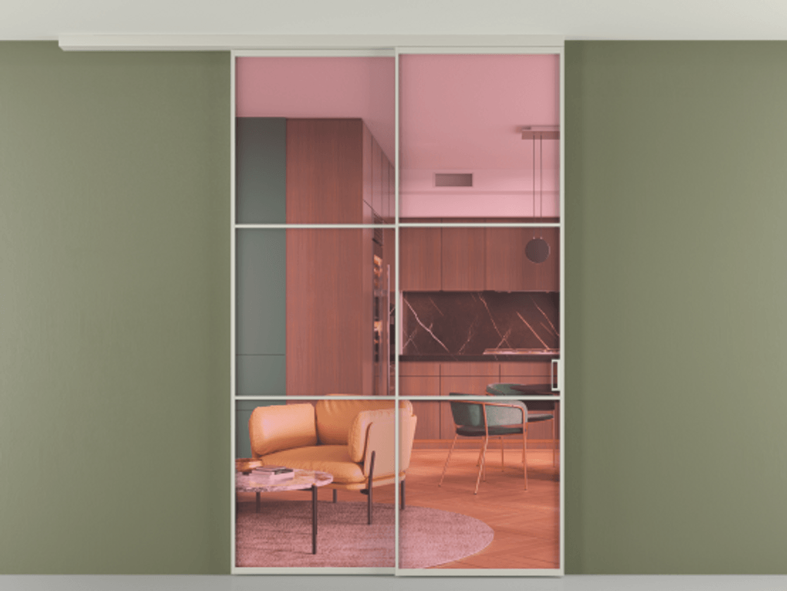 Перегородка Формато вдоль стены на потолок 2 створки с синхронным механизмом АЛПР 040.03 Алюминий тёплый серый Прозрачное розовое стекло, триплекс Цена 2187350 ₸ | Volhovec