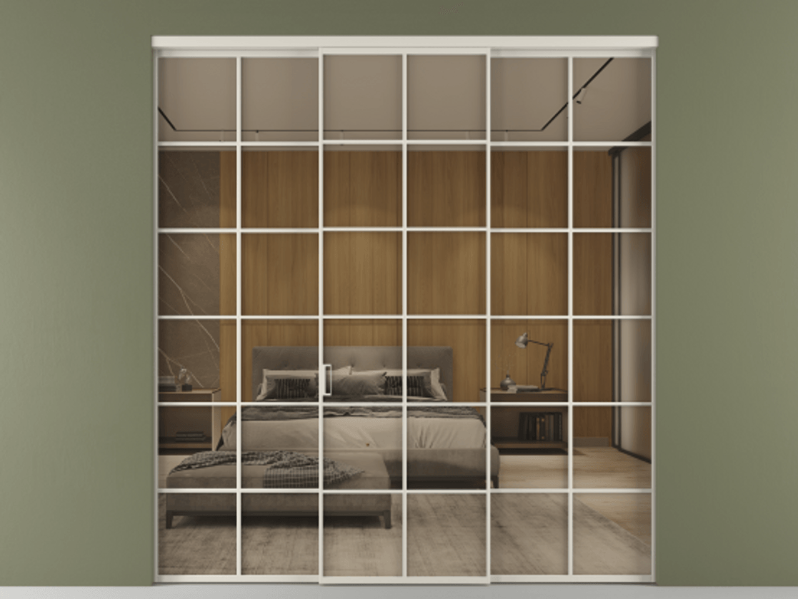 Перегородка Формато внутри проёма 3 створки АЛПР 040.05 Алюминий облачно-серый Рефлективное бронзовое стекло "Стопсол", калёное Цена 2577960 ₸ | Volhovec