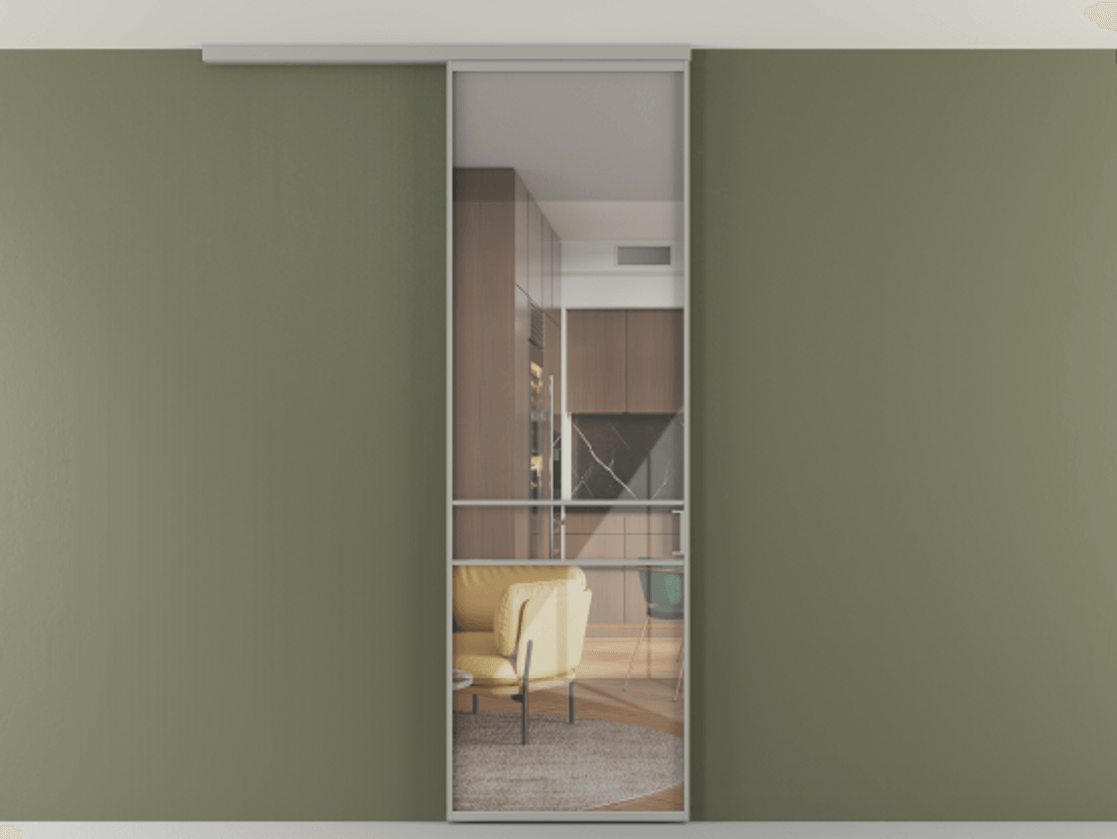 Перегородка Формато вдоль стены на потолок 1 створка АЛПР 040.02 Алюминий нейтральный серый Рефлективное прозрачное стекло "Стопсол", калёное Цена 811853 ₸ | Volhovec