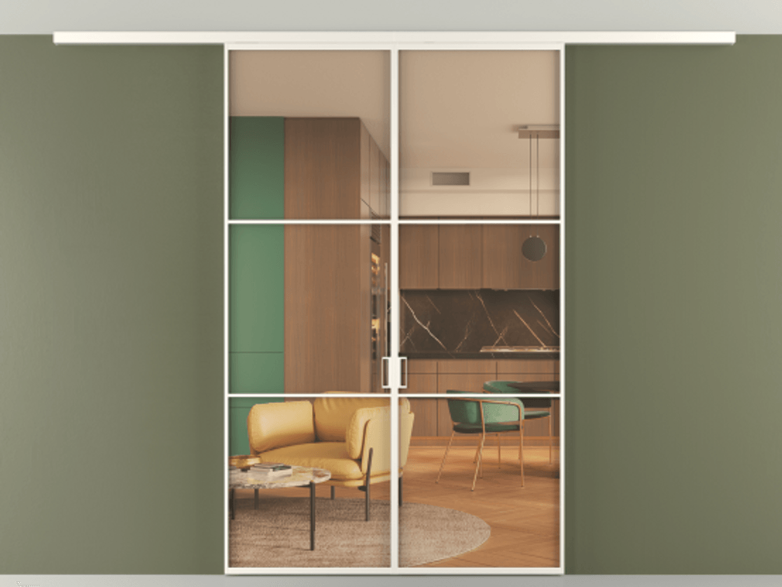 Перегородка Formato вдоль стены на потолок 2 створки АЛПР 040.03 Алюминий пудровый белый Прозрачное оранжевое стекло, триплекс Цена 1216000 ₸ | Volhovec