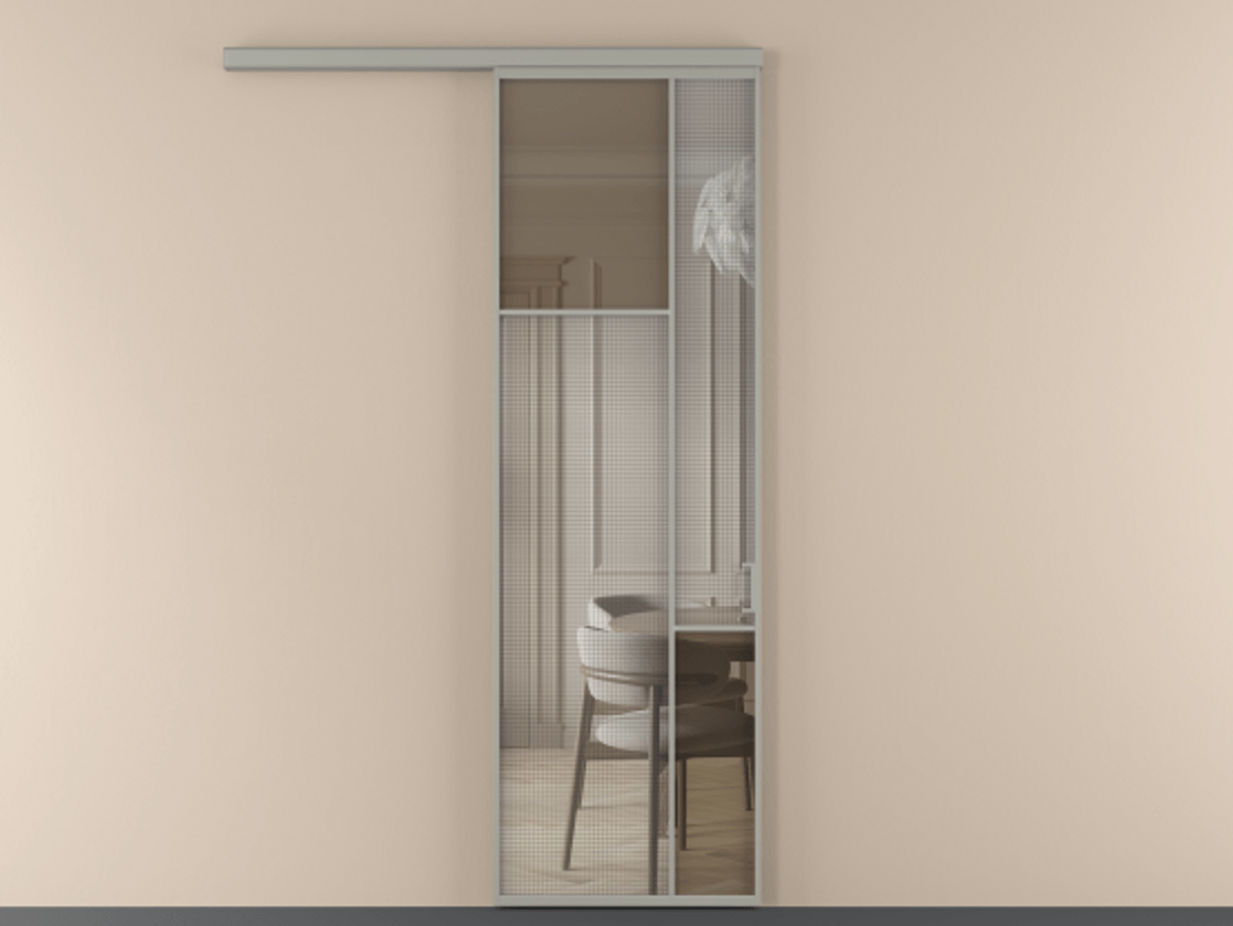 Перегородка Mosaic вдоль стены 1 створка АЛПР 041.10 Алюминий нейтральный серый Декоративное стекло с сеткой "Mesh silver", триплекс, 6 мм + Прозрачное бронзовое стекло, триплекс Цена 892510 ₸ | Volhovec