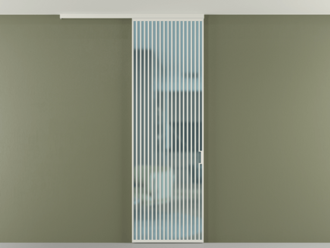 Перегородка Формато вдоль стены на потолок 1 створка АЛПР 040.06 Алюминий Белый Сатинированное голубое стекло, триплекс Цена 1286410 ₸ | Volhovec