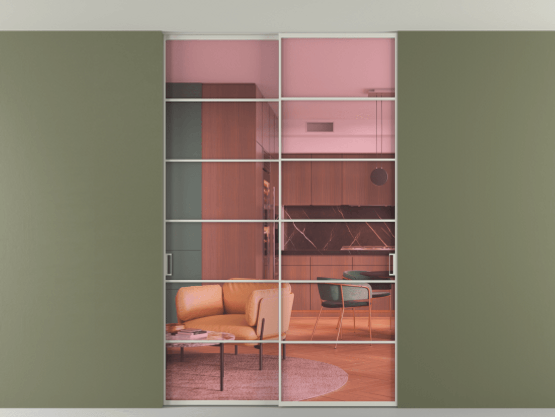 Перегородка Formato внутри проёма скрытое крепление в потолок 2 створки АЛПР 040.04 Алюминий тёплый серый Прозрачное розовое стекло, триплекс Цена 1973803 ₸ | Volhovec