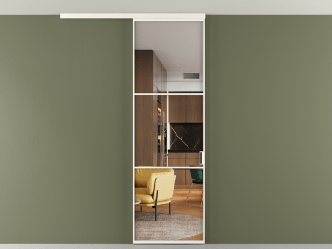 Перегородка Формато вдоль стены на потолок 1 створка АЛПР 040.03 Алюминий пудровый белый Прозрачное стекло "Кристал Вижн", калёное Цена 948856 ₸ | Volhovec