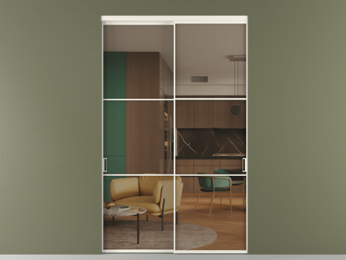 Перегородка Формато внутри проёма 2 створки АЛПР 040.03 Алюминий пудровый белый Прозрачное бронзовое стекло, триплекс Цена 3211110 ₸  | Volhovec