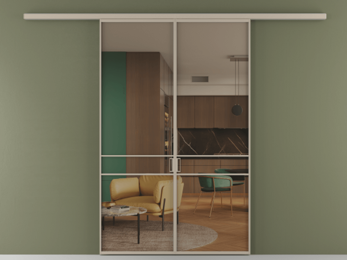 Перегородка Формато вдоль стены 2 створки АЛПР 040.02 Алюминий бисквитный Прозрачное бронзовое стекло, триплекс Цена 1477602 ₸ | Volhovec