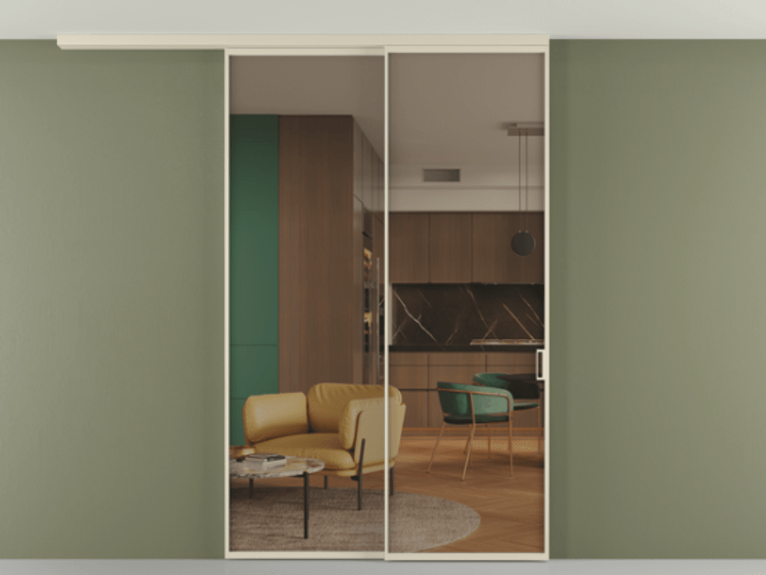 Перегородка Формато вдоль стены на потолок 2 створки с синхронным механизмом АЛПР 040.01 Алюминий бежево-серый Прозрачное бронзовое стекло, триплекс Цена 2261498 ₸ | Volhovec