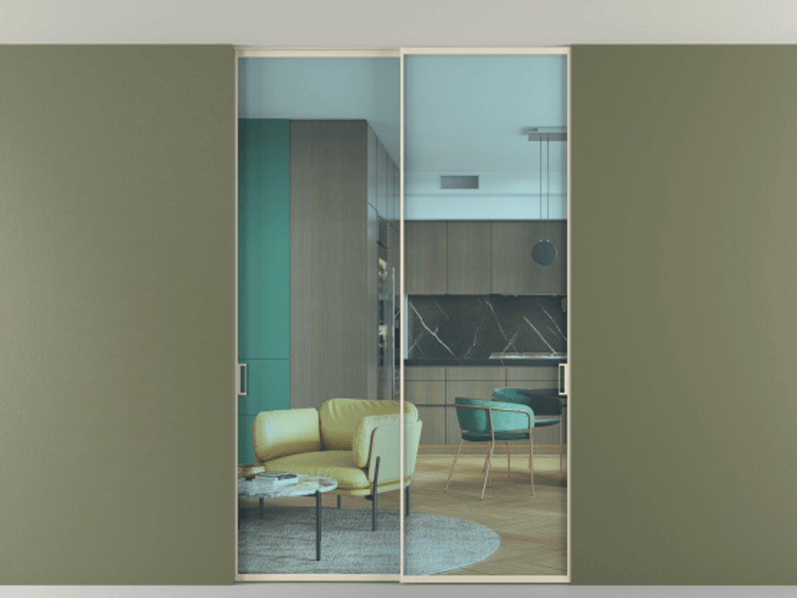 Межкомнатная дверь New Перегородка Formato внутри проёма двустворчатая со скрытым креплением в потолок АЛПР 040.01 Алюминий бежево-серый Прозрачное голубое стекло, триплекс Цена 1541100  | Volhovec