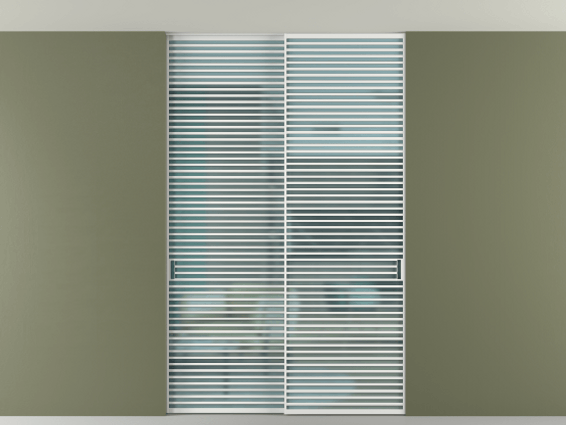 Перегородка Формато внутри проёма скрытое крепление в потолок 2 створки АЛПР 040.07 Алюминий белоснежный Сатинированное голубое стекло, триплекс Цена 3098957 ₸ | Volhovec