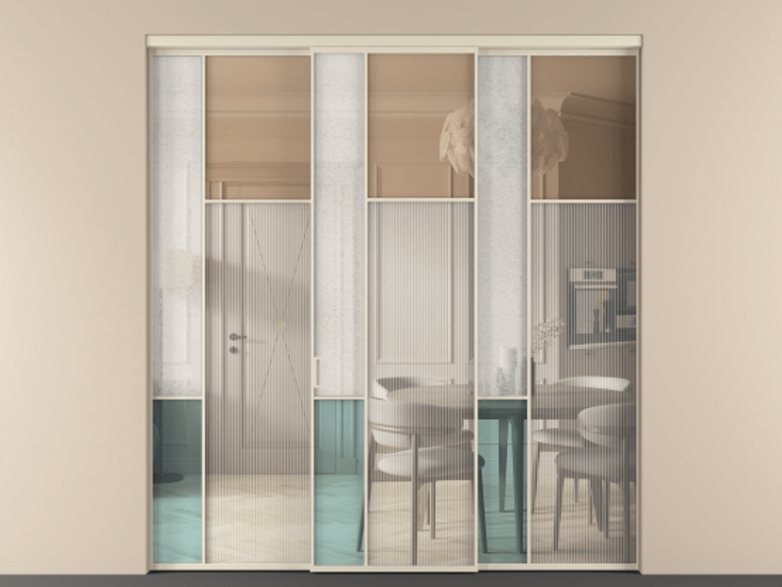 Перегородка Mosaic внутри проёма 3 створки АЛПР 041.11 Алюминий бежево-серый Комбинация стекол Группы 1 и Группы 3 Цена 2242600 ₸ | Volhovec