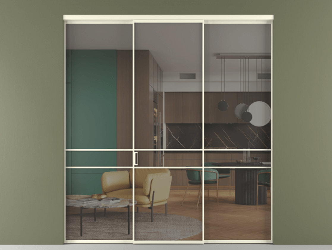 Перегородка Formato внутри проёма 3 створки АЛПР 040.02 Алюминий молочно-белый Прозрачное серое стекло, триплекс Цена 1550890 ₸ | Volhovec