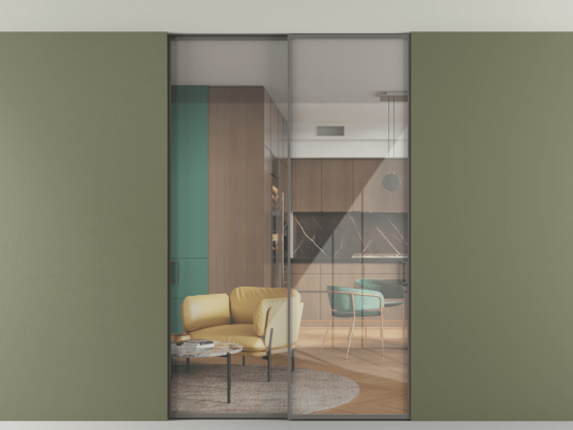 Перегородка Формато внутри проёма скрытое крепление в потолок 2 створки АЛПР 040.01 Алюминий классический серый Рефлективное прозрачное стекло "Стопсол", калёное Цена 2219918 ₸ | Volhovec