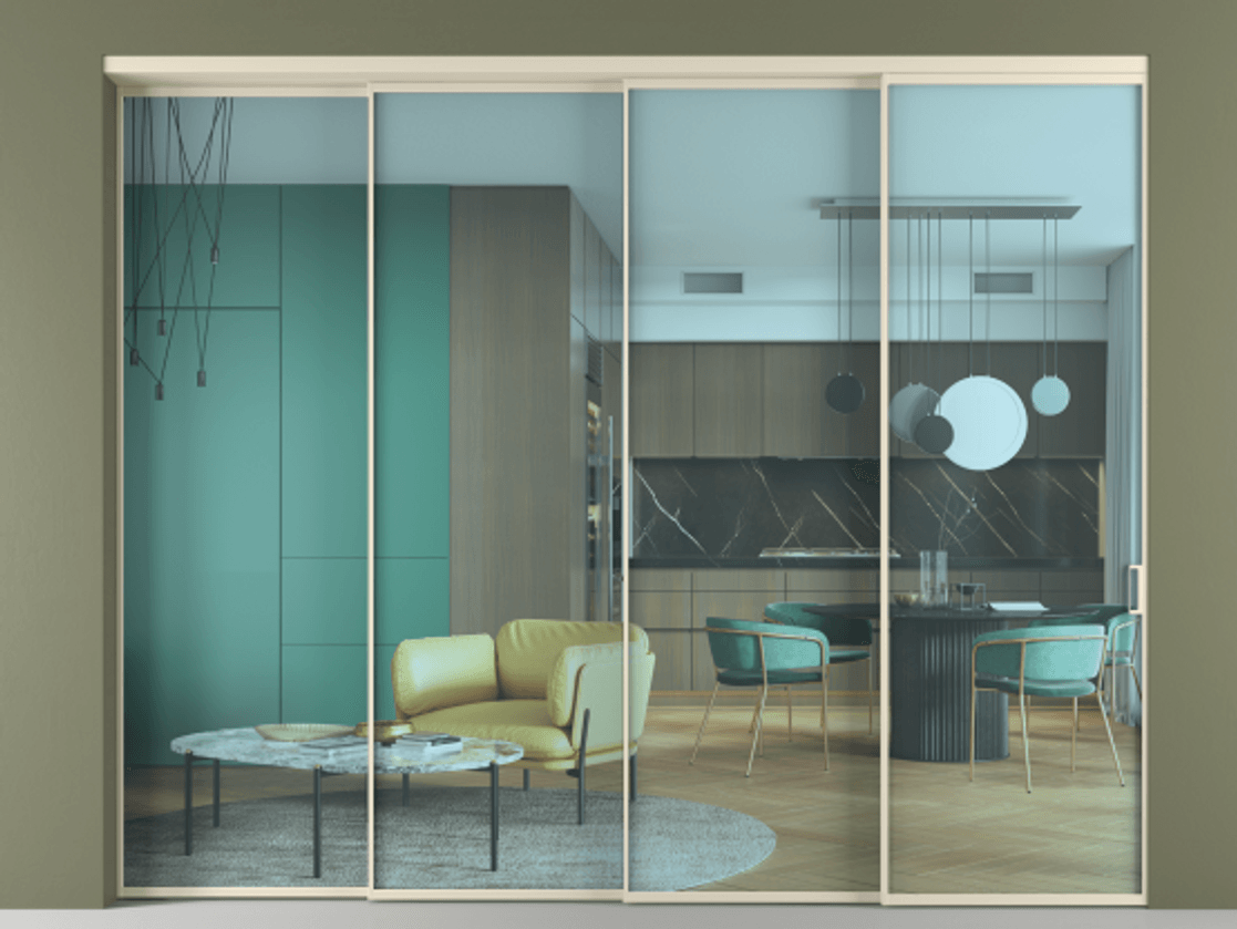 Перегородка Formato внутри проёма 4 створки с синхронным механизмом АЛПР 040.01 Алюминий бежево-серый Прозрачное голубое стекло, триплекс Цена 2785800 ₸ | Volhovec