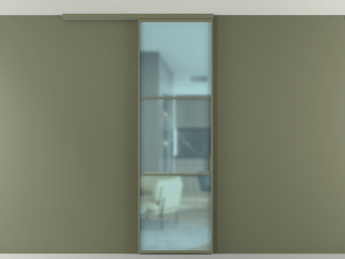 Перегородка Formato вдоль стены на потолок одностворчатая АЛПР 040.03 Алюминий оливковый тёмный Сатинированное голубое стекло, триплекс Цена 733300 ₸ | Volhovec