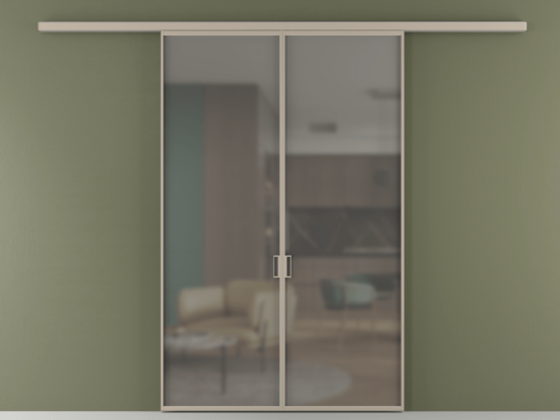 Перегородка Формато вдоль стены 2 створки АЛПР 040.01 Алюминий бисквитный Сатинированное серое стекло, триплекс Цена 1416366 ₸ | Volhovec