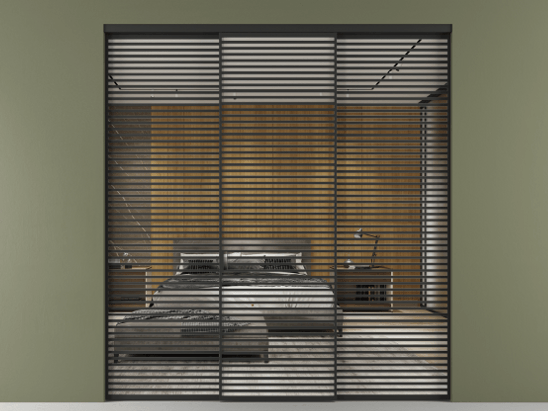 Перегородка Formato внутри проёма 3 створки АЛПР 040.07 Алюминий Черный Двустороннее зеркало, триплекс , триплекс 6 мм Цена 2886750 ₸ | Volhovec