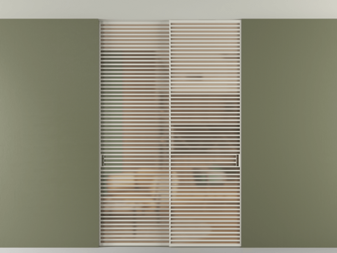 Перегородка Формато внутри проёма скрытое крепление в потолок 2 створки АЛПР 040.07 Алюминий тёплый серый Сатинированное оранжевое стекло, триплекс Цена 3098957 ₸ | Volhovec