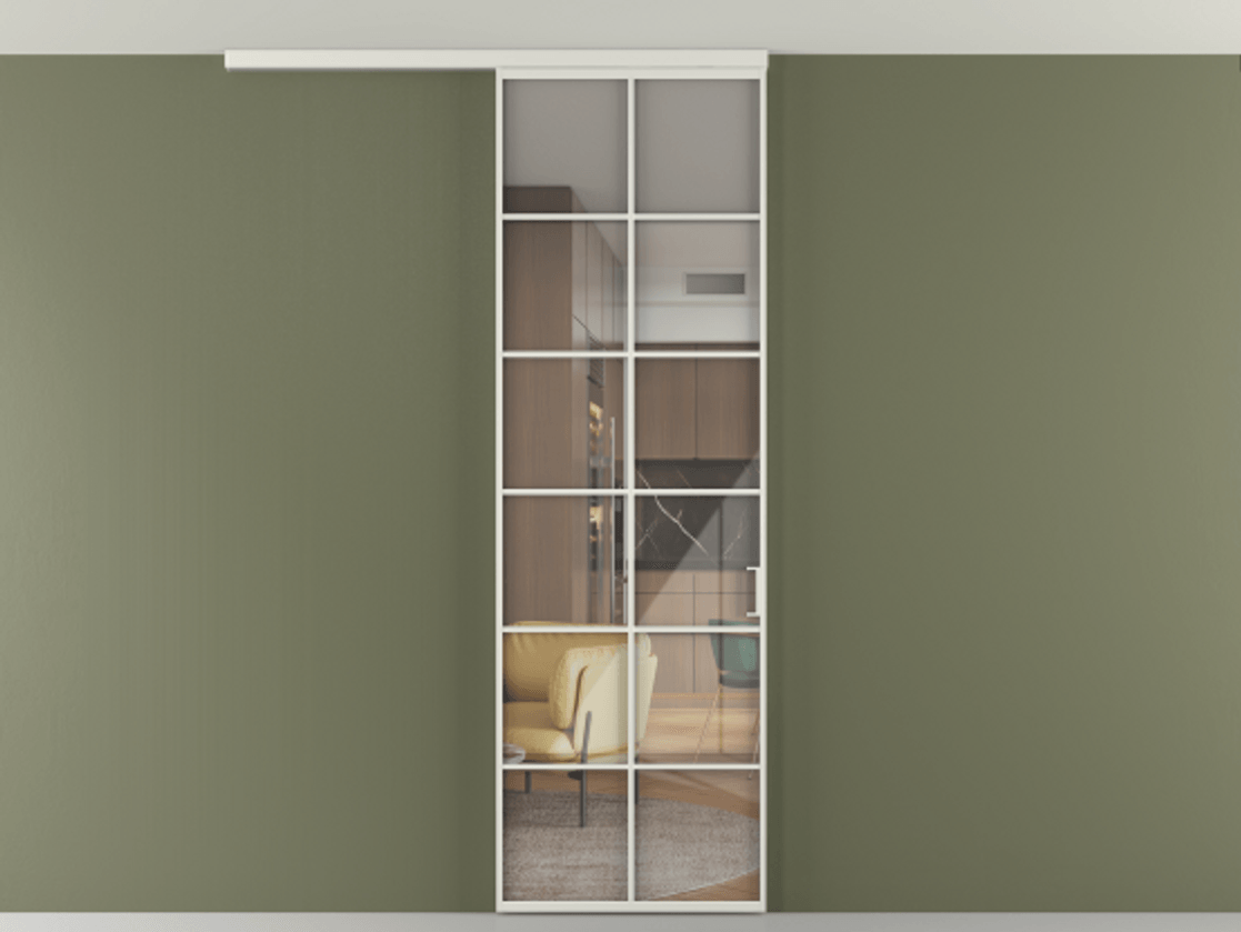 Перегородка Формато вдоль стены на потолок 1 створка АЛПР 040.05 Алюминий серый Рефлективное прозрачное стекло "Стопсол", калёное Цена 863745 ₸ | Volhovec