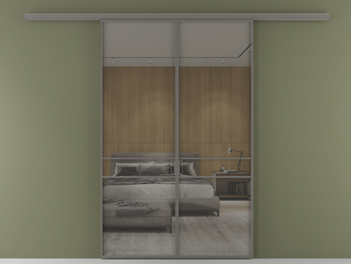 Перегородка Формато вдоль стены 2 створки АЛПР 040.02 Алюминий классический серый Рефлективное серое стекло "Стопсол", калёное Цена 1882440 ₸ | Volhovec