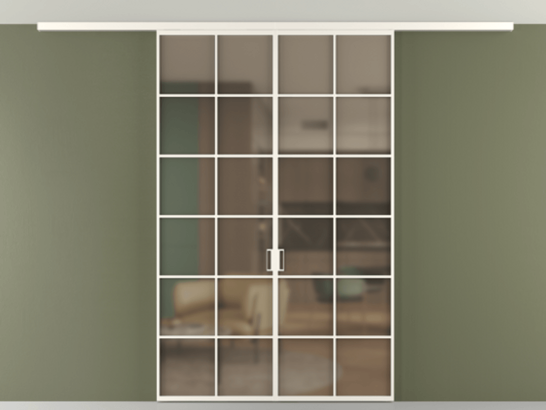 Перегородка Формато вдоль стены на потолок 2 створки АЛПР 040.05 Алюминий пудровый белый Сатинированное бронзовое стекло, триплекс Цена 1852805 ₸ | Volhovec