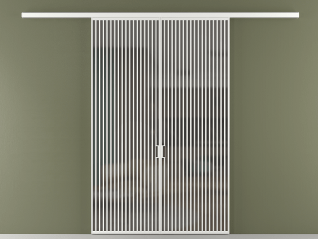 Перегородка Формато вдоль стены 2 створки АЛПР 040.06 Алюминий белоснежный Сатинированное серое стекло, триплекс Цена 2588922 ₸ | Volhovec