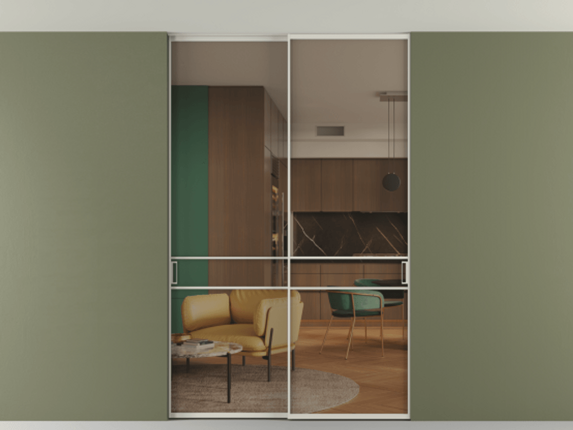 Перегородка Формато внутри проёма скрытое крепление в потолок 2 створки АЛПР 040.02 Алюминий облачно-серый Прозрачное бронзовое стекло, триплекс Цена 1938959 ₸ | Volhovec