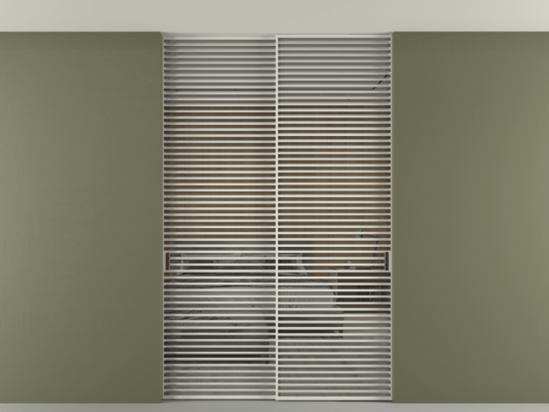 Перегородка Формато внутри проёма скрытое крепление в потолок 2 створки АЛПР 040.07 Алюминий Белый Рефлективное серое стекло "Стопсол", калёное Цена 3801622 ₸ | Volhovec