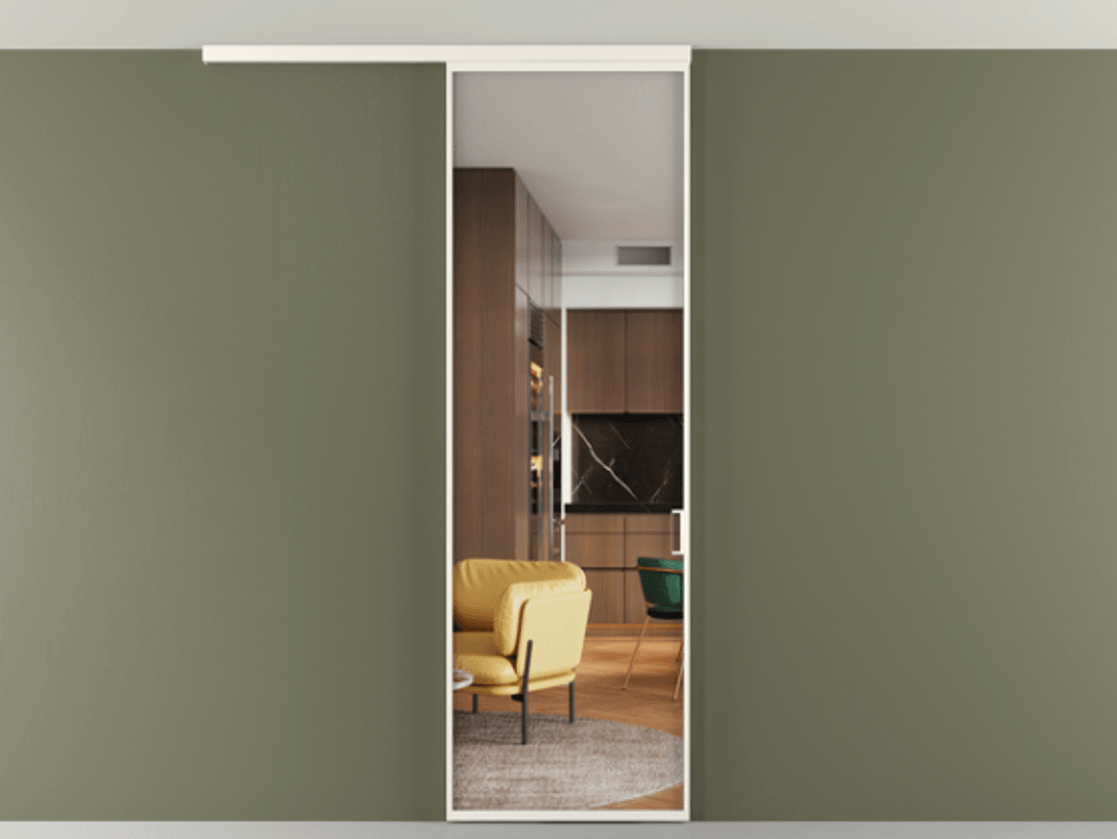 Перегородка Формато вдоль стены на потолок 1 створка АЛПР 040.01 Алюминий пудровый белый Прозрачное стекло "Кристал Вижн", калёное Цена 903949 ₸ | Volhovec