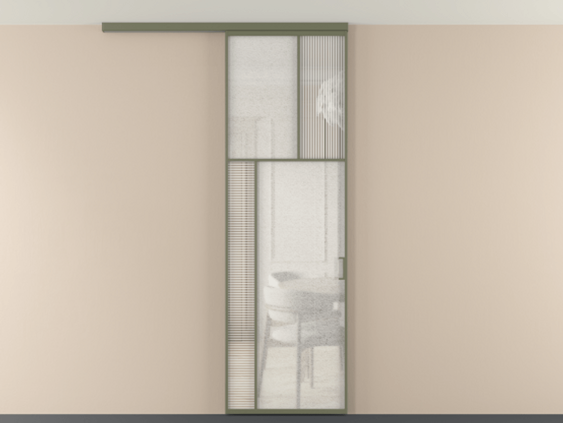 Перегородка Мозаик вдоль стены на потолок 1 створка АЛПР 041.22 Алюминий оливковый тёмный Рифлёное стекло "Дюна", триплекс, 6 мм + Фактурное стекло "Лёд", триплекс Цена 1081382 ₸ | Volhovec