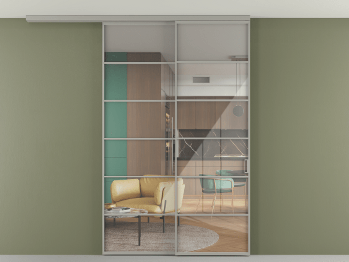 Перегородка Формато вдоль стены на потолок 2 створки с синхронным механизмом АЛПР 040.04 Алюминий нейтральный серый Рефлективное прозрачное стекло "Стопсол", калёное Цена 2302050 ₸ | Volhovec