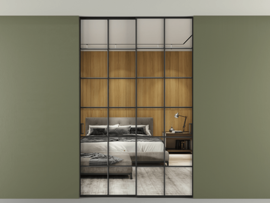 Перегородка Формато внутри проёма скрытое крепление в потолок 2 створки АЛПР 040.05 Алюминий Черный Двустороннее зеркало, триплекс , триплекс 6 мм Цена 1923907 ₸ | Volhovec