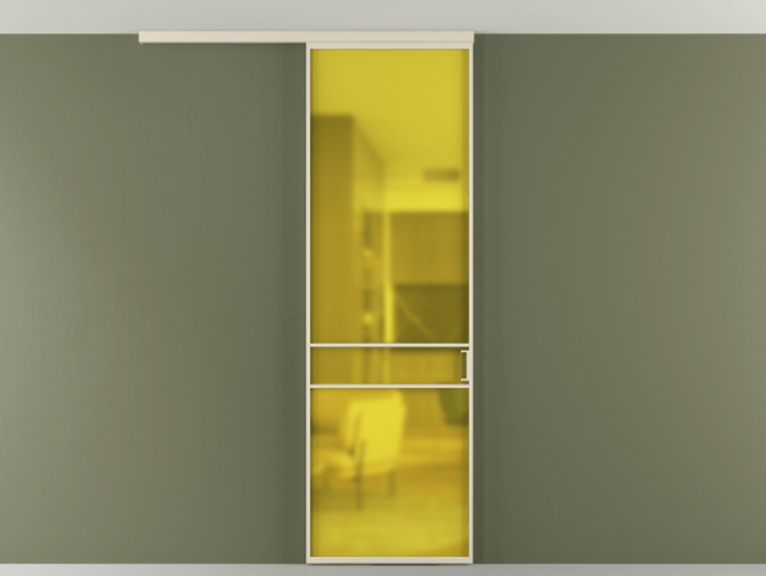 Перегородка Formato вдоль стены на потолок 1 створка АЛПР 040.02 Алюминий бежево-серый Сатинированное жёлтое стекло, триплекс Цена 630200 ₸ | Volhovec