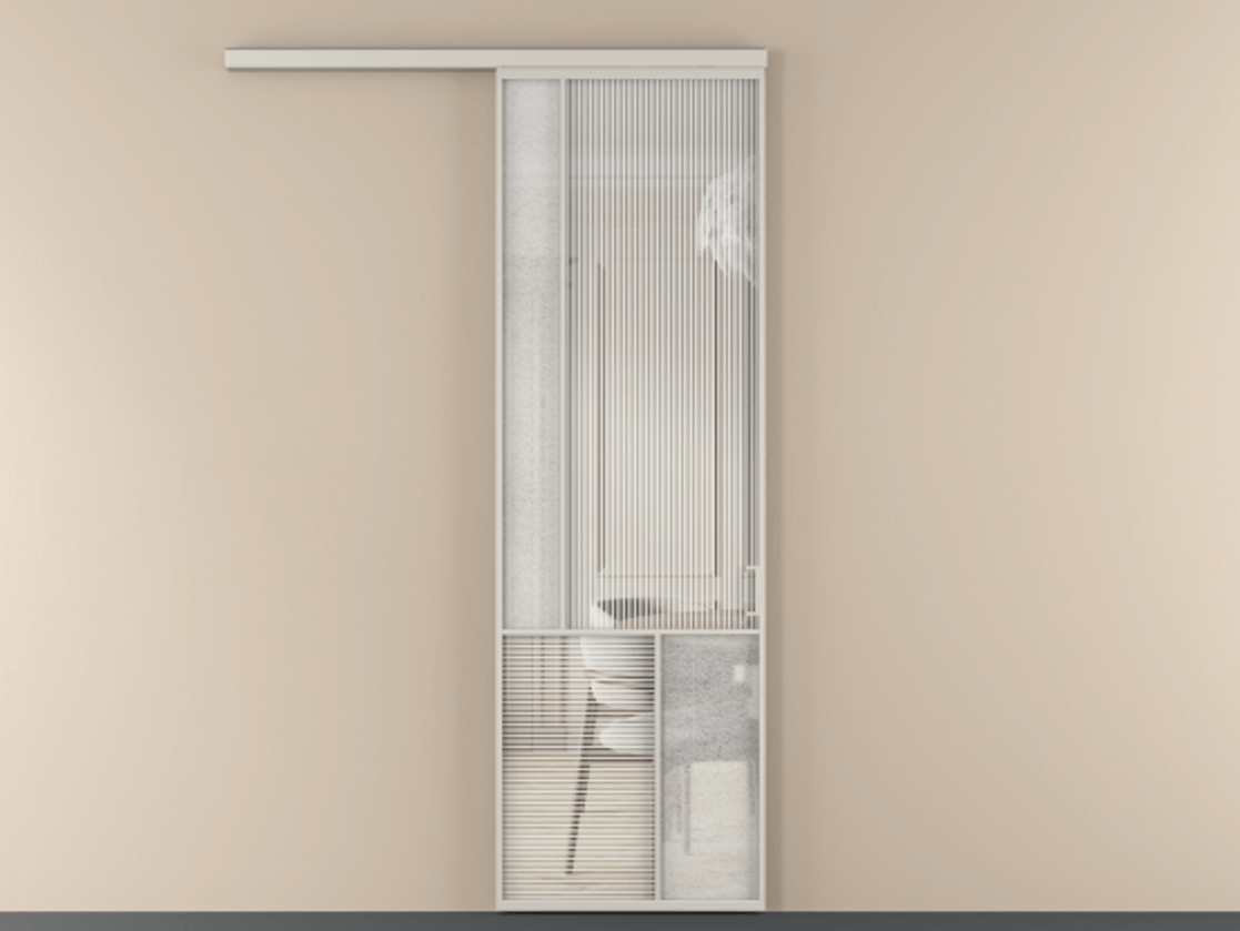 Перегородка Mosaic вдоль стены 1 створка АЛПР 041.20 Алюминий облачно-серый Рифлёное стекло "Дюна", триплекс, 6 мм + Фактурное стекло "Лёд", триплекс Цена 904990 ₸ | Volhovec