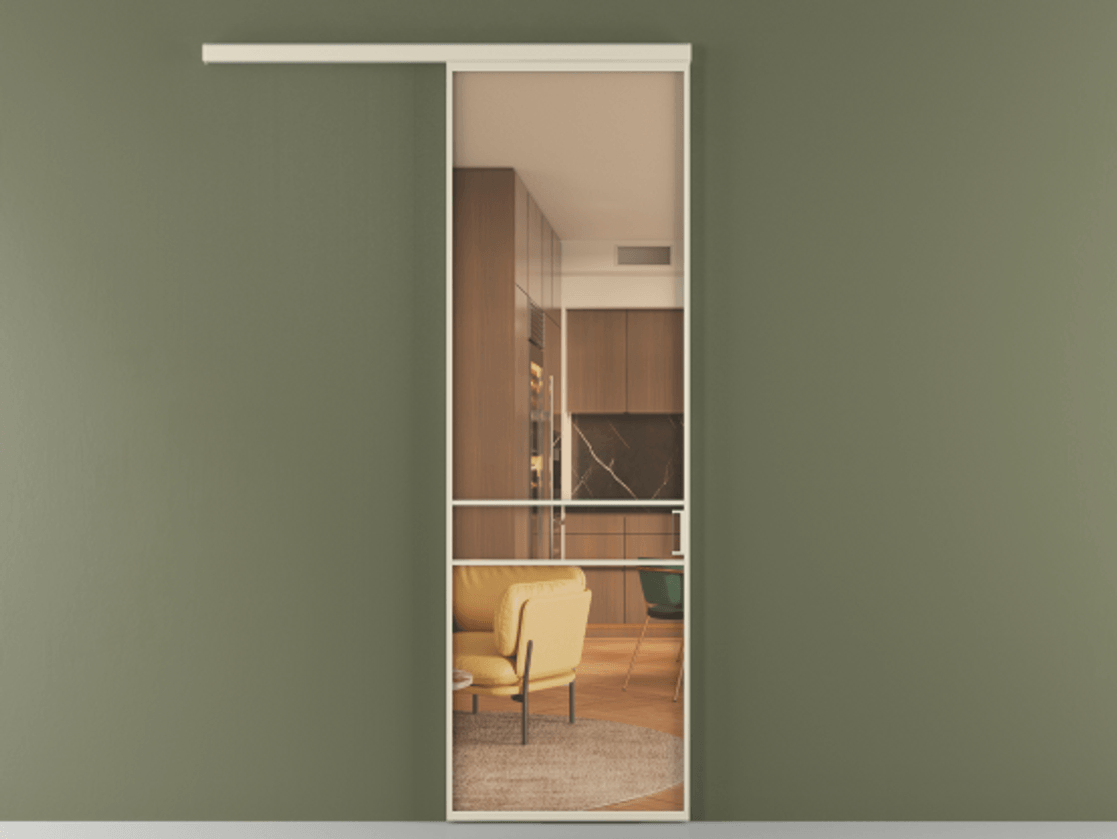 Межкомнатная дверь New Перегородка Formato вдоль стены одностворчатая АЛПР 040.02 Алюминий бежево-серый Прозрачное оранжевое стекло, триплекс Цена 712000  | Volhovec