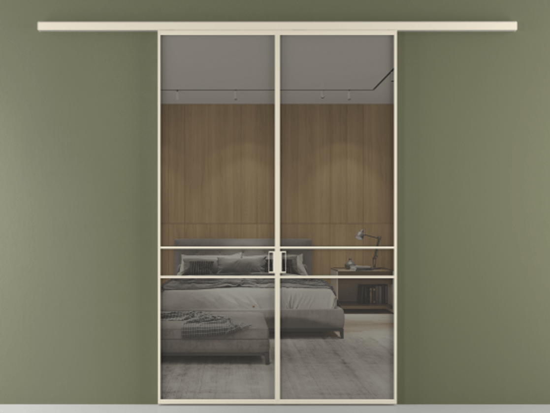 Перегородка Формато вдоль стены 2 створки АЛПР 040.02 Алюминий бежево-серый Рефлективное серое стекло "Стопсол", калёное Цена 1657606 ₸ | Volhovec