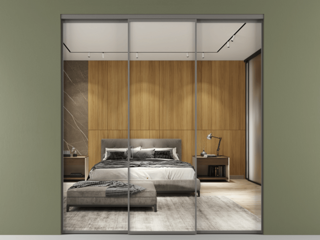 Перегородка Formato внутри проёма 3 створки АЛПР 040.01 Алюминий классический серый Двустороннее зеркало, триплекс , триплекс 6 мм Цена 1470020 ₸ | Volhovec